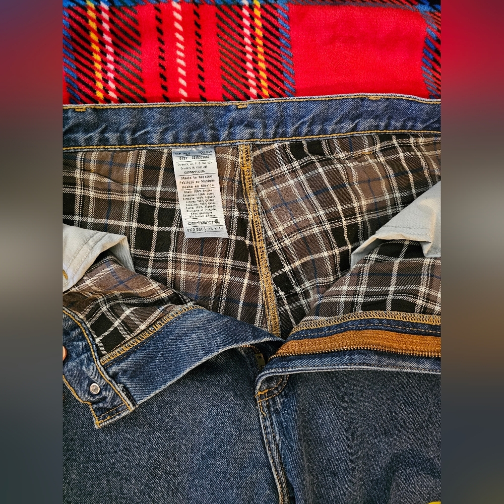 Carhartt Dark Blue Jeans with Black Plaid Interior
